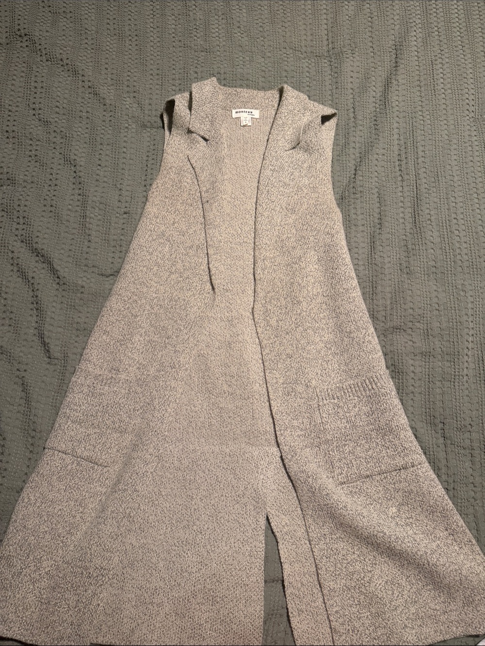 Monteau Gray Long Sleeveless Knit Vest/cardigan Open Front Pockets – Size S